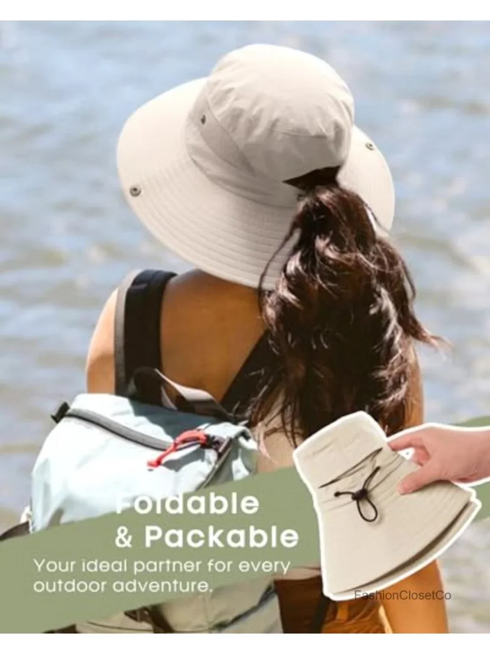 Womens Wide Brim Sun Hat with Ponytail Hole UPF 50+ Nylon Foldable Bucket Hat